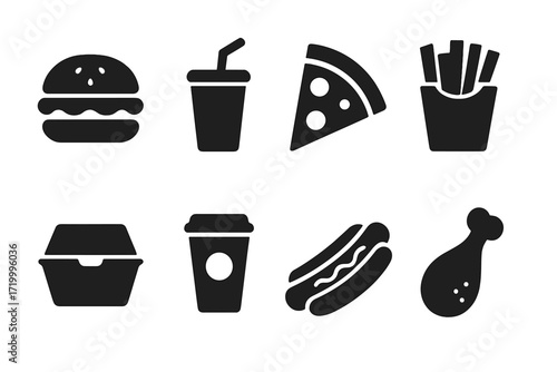 Silhouette icons of popular fast food items on dark background