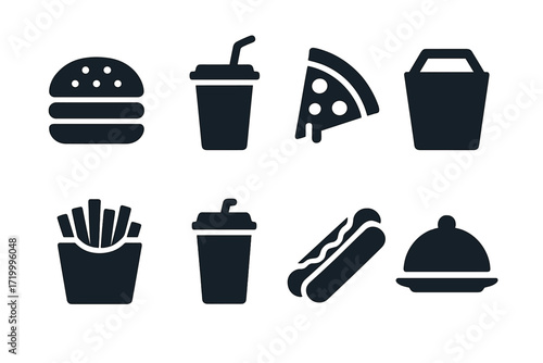 Dark minimalist icons of popular fast food items on textured background