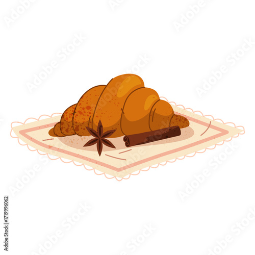 Vector French croissant or dessert pastry. Baked breakfast food for morning coffee. Treat for cafe or bistro, restaurant menu. Sweet flaky confectionery with cinnamon spice. European culture, gourmet.
