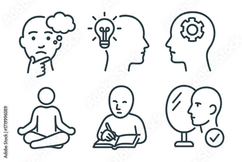 Mindfulness and creativity icons: thoughtful, inspirational, reflective