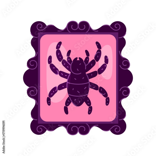 Vector framed dried beetle or insect. Bug specimen for museum collection or exhibition. Taxidermy and taxonomy sign. Exotic fauna, preserved wildlife. Arthropod specimen for entomology study. Biology.