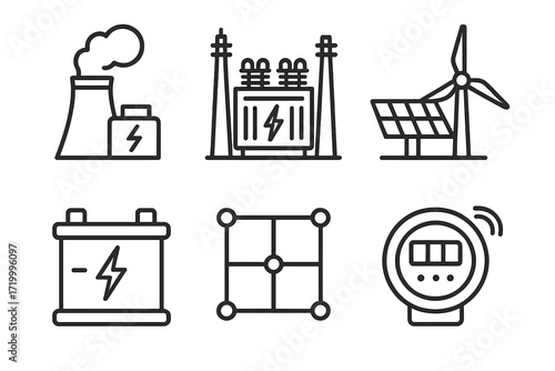 Set of energy and power line icons featuring solar, wind, and battery symbols