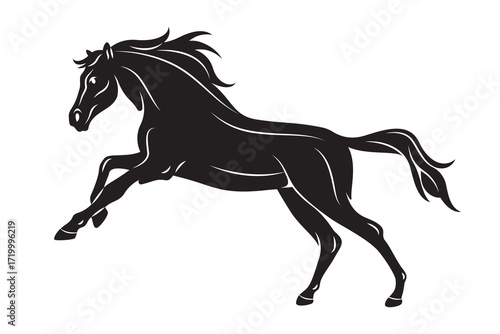 Horse animal cartoon silhouette. Vector galloping mustang or stallion gait. Wildlife nature or mammal with mane, hoof. Equestrian movement and fast speed symbol. Mare gait. Racehorse athletic action.