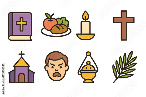 Religious icons set featuring bible, candle, church, and more in flat design