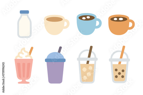 Glowing beverage icons: milkshake, bubble tea, coffee cups, and more in neon style