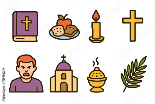 Christian symbols and icons set with bible, candle, palm, church, and communion elements