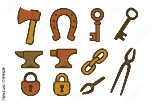 Rustic tool icons set with textured vintage look on yellow background