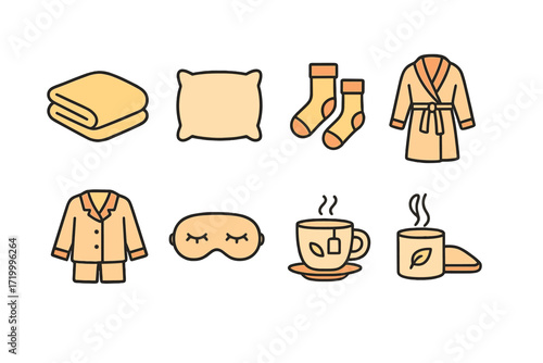 Cozy nighttime essentials: outlined icons of pajamas, tea, and comfort items on warm background