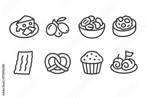 Monochrome snack icons: cheese, olives, pretzel, cupcake, beans, nachos, bacon, dessert