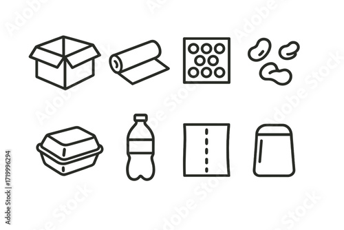 Minimalist linear icons of packaging and materials for eco-friendly designs
