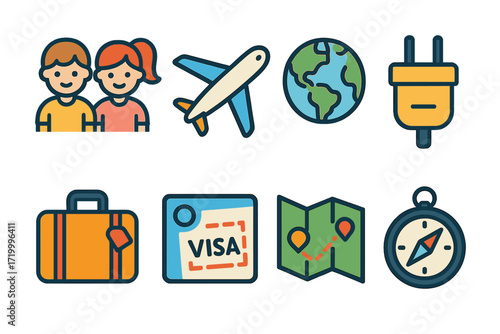 Colorful travel icon set featuring map, airplane, and compass