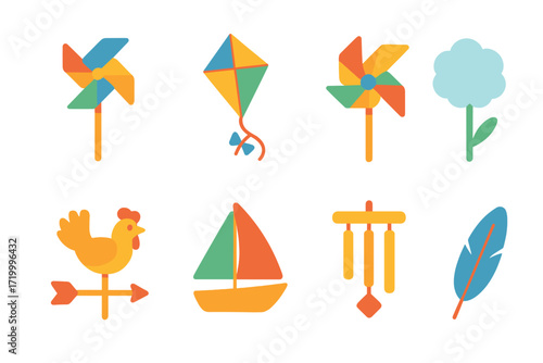 Vibrant neon summer icons: kite, pinwheel, sailboat, and more