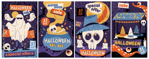Set of Halloween sale banner or vector autumn holiday flyer. Price discount voucher or promotional flyer, leaflet for shop event or store advertising. Special offer label for October festive. Shopping