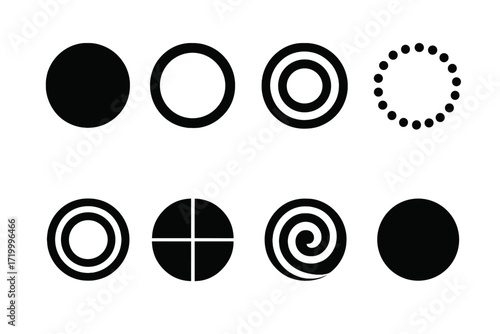 Abstract dark circles with geometric and spiral patterns on black background