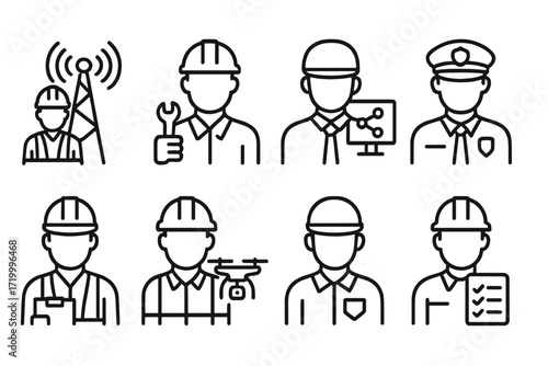 Set of linear icons of various professions in black outlines on gray background