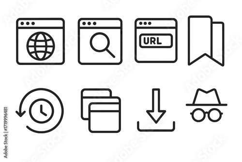 Web browser icons set: search, url, bookmark, history, tabs, download, incognito