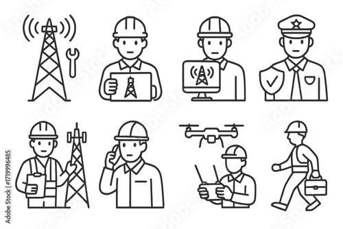 Industrial worker icons: telecommunication, construction, and drone operation