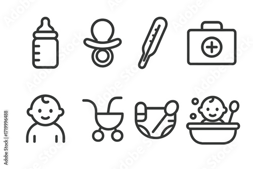 Baby care icons: bottle, pacifier, thermometer, first aid, pram, diaper, bath