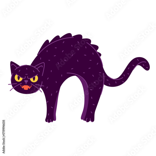 Hissing cat with arched back and spiky fur. Vector angry feline animal or aggressive kitten, scary pet. Frighten domestic predator or hunter in arch posture or stance. Cartoon spooky mascot.