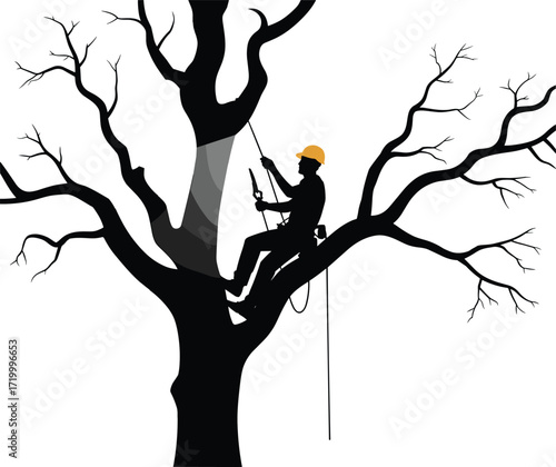 Arborist climbing tree silhouette, tree trimming worker, professional tree care, forestry service, safety gear, rope system, outdoor job, vector illustration, isolated on white background