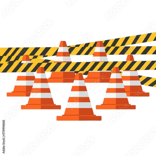 Several traffic cones and caution tape on white background.