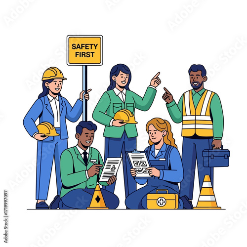 Group of construction workers in safety gear, pointing and holding equipment, with a sign.