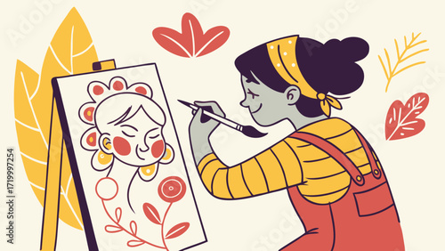Hand-Painted Artistic Girl Creating Self-Portrait with Vibrant Brush Strokes 