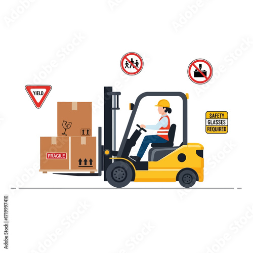 Forklift carrying boxes with safety signs, depicting a worker operating a forklift.