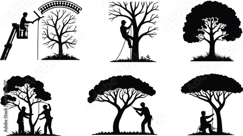 Arborist services silhouette set, tree trimming and pruning, professional tree care, forestry worker, climbing and cutting, urban landscaping, vector illustration, isolated on white background