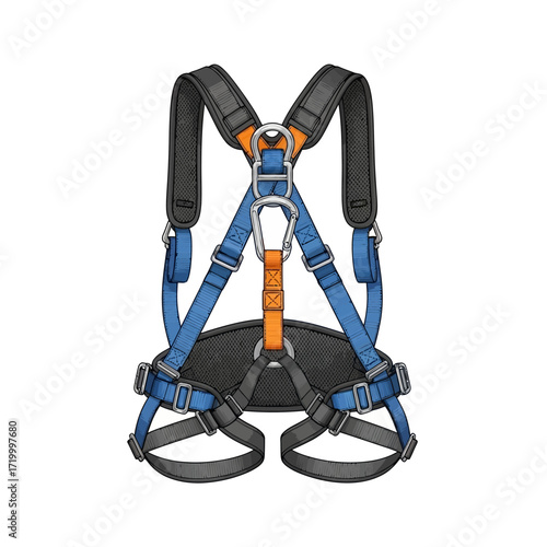 Safety harness, illustration of a climbing harness, safety equipment for workers.