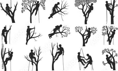 Arborist tree climbing line art set, tree care worker illustrations, forestry service, pruning and trimming, safety gear, outdoor job, vector outline, isolated on white background