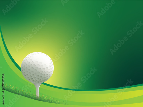 Golf ball on green field with tee and sky background