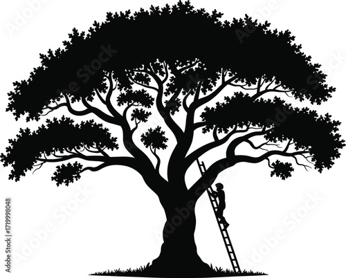 Man climbing ladder to large tree, inspirational nature illustration, find your ascent message, motivational artwork, silhouette design, vector graphic, symbolic journey, isolated on white background