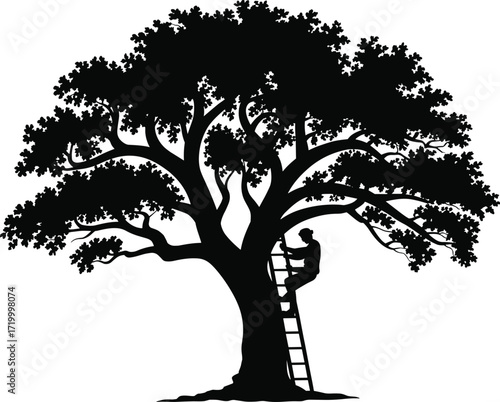 Man climbing ladder to large tree, inspirational nature illustration, find your ascent message, motivational artwork, silhouette design, vector graphic, symbolic journey, isolated on white background