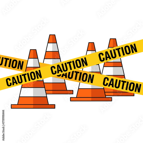 Orange and white traffic cones with yellow caution tape indicating a hazardous or restricted area.