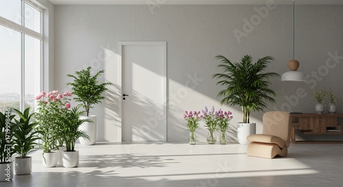 Bright interior with plants and chair near the window