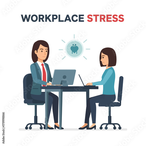 Two businesswomen in a meeting, discussing workplace stress, with a lightbulb icon suggesting solutions.
