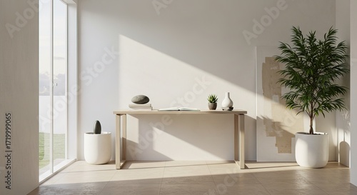 Minimalist home office with desk and plants in sunlight