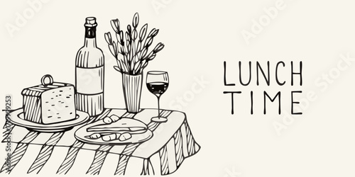 Hand drawn sketch of a delicious lunch with cheese bread and wine on a striped tablecloth with the words lunch time