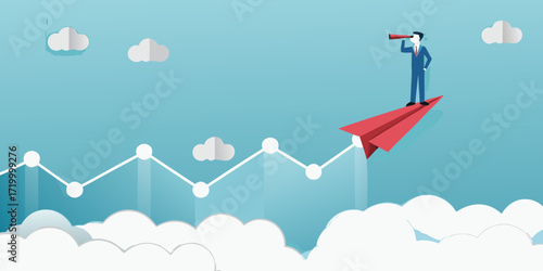 Businessman on red paper airplane looking through telescope above stock market graph and clouds