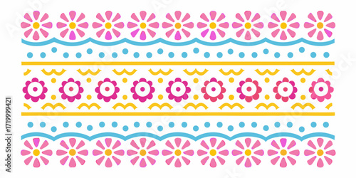 Decorative floral border with pink flowers blue waves and yellow accents on white background