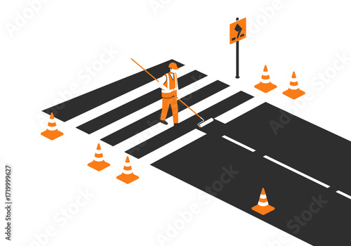 Worker painting a pedestrian crossing with traffic cones and sign