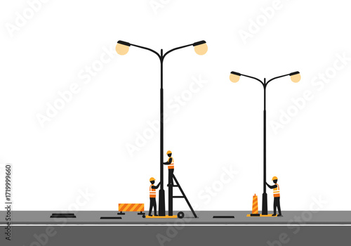 Streetlight Maintenance: Workers Repairing and Maintaining Street Lamps on the Road