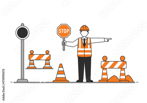 Construction Worker Directing Traffic with Stop Sign