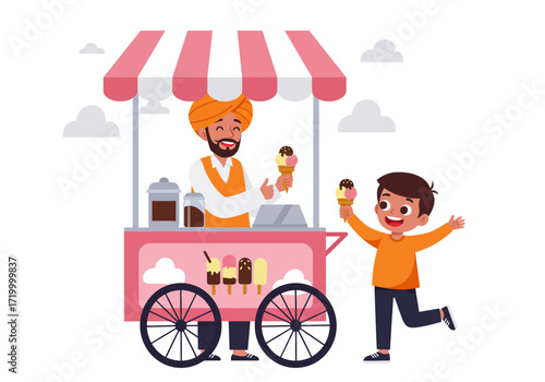 Cheerful Indian street vendor in a turban selling ice cream from a colorful cart to a happy young boy.