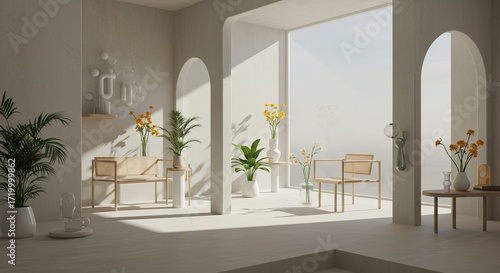 Interior design with plants and arched doorways in white