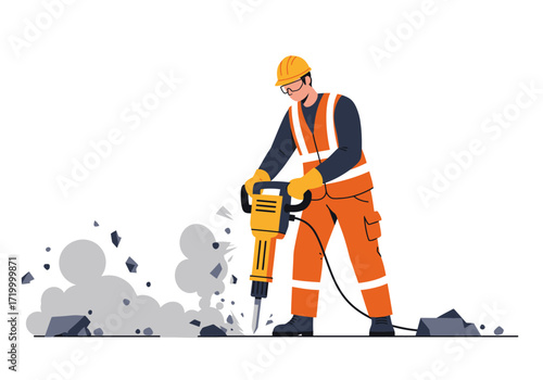 Construction Worker Operating Jackhammer Breaking Ground Illustration