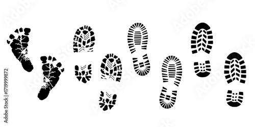 Shoe Prints and Footprints Vector Set – Black Silhouettes of Shoe Sole Imprints