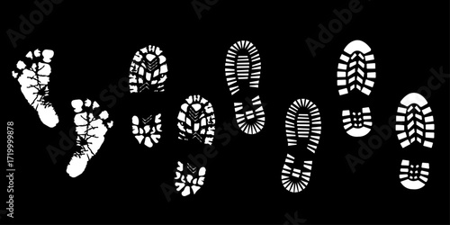 Shoe Prints and Footprints Vector Set – White Silhouettes of Shoe Sole Imprints