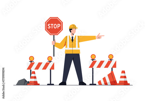 Traffic controller in a yellow hard hat and safety vest managing a construction zone.